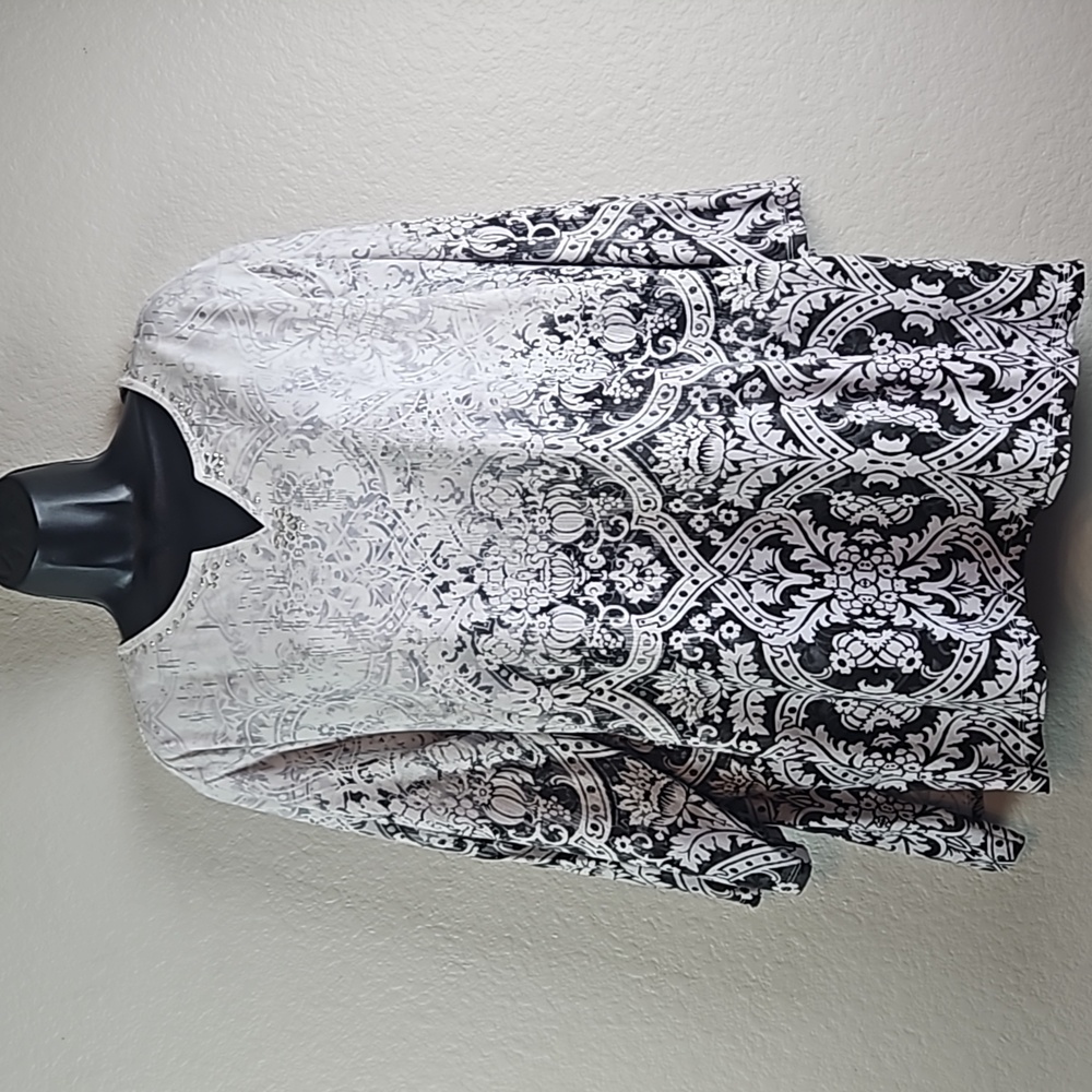 Alfred Dunner Women's Ombre Medallion Rhinestone Jeweled 3/4 Sleeves Tee Sz 2X
